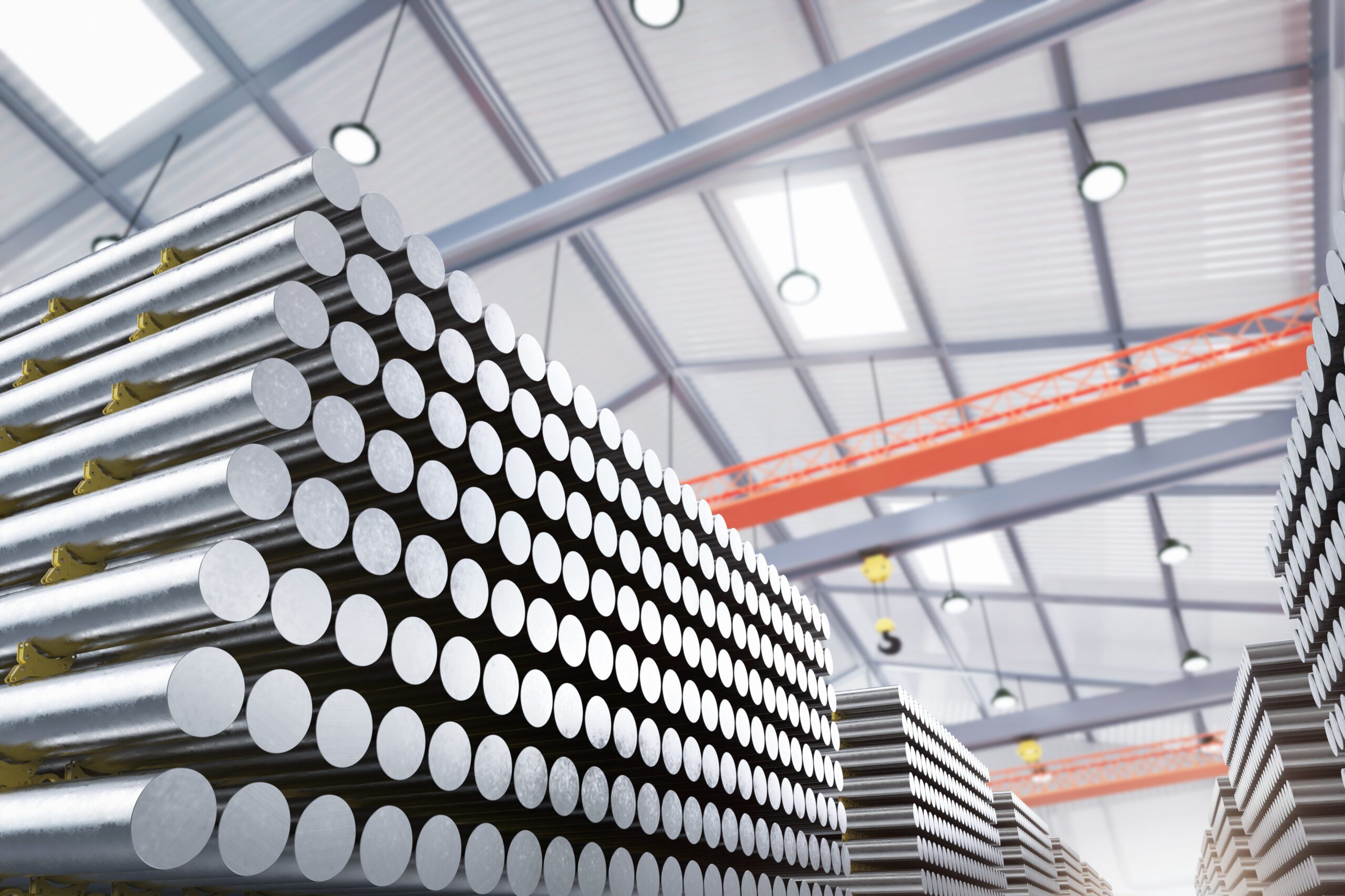 3d rendering heap of shiny aluminium billets in factory